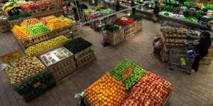 Fruits and vegetables with honey bees at Whole Foods
